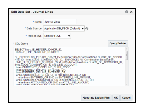 This figure shows the Edit Data Set - Journal Lines dialog box with fields for Name, Data Source, Type of SQL, and SQL Query.