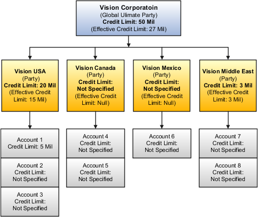 This figure illustrates the hierarchy of Vision Corporation, with the main parent company, four child companies, and the accounts for each child company.