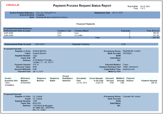 This figure is an example of the first page of a 3-page Payment Process Request Status report.