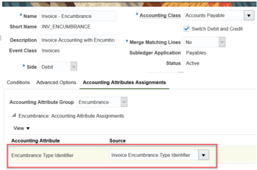 The image displays the Create Custom Journal Lines for Invoice Encumbrance, Accounting Attributes Assignments.
