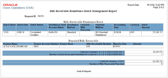 This image shows output from the Bills Receivable Remittance Batch Management Report.