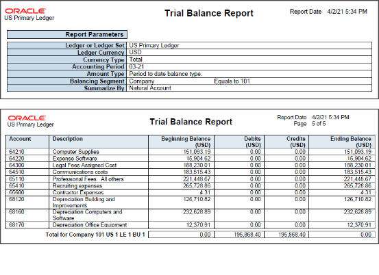 An example of the Trial Balance Report.