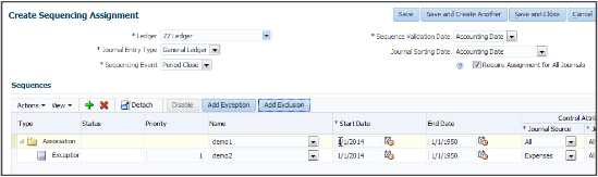 This figure shows the Add Exception and Add Exclusion buttons on the Create Sequencing Assignment page.