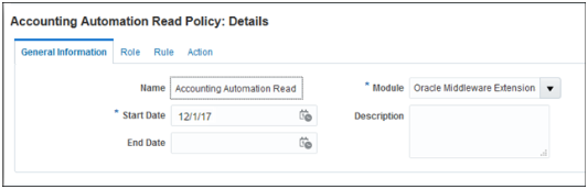 This figure shows the Policy page for an existing policy called Accounting Automation Read policy.