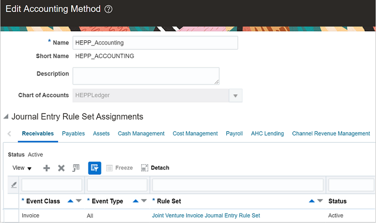 This image shows the Edit Accounting Method page with a journal enttry rule assigned to a chart of accounts, the details of which are described in surrounding text.
