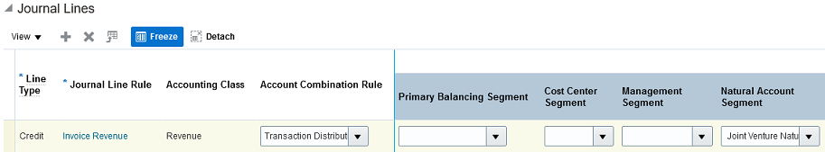 This image shows the Journal Lines section where a journal line rule for invoice revenue is entered, the details of which are described in the surrounding text.