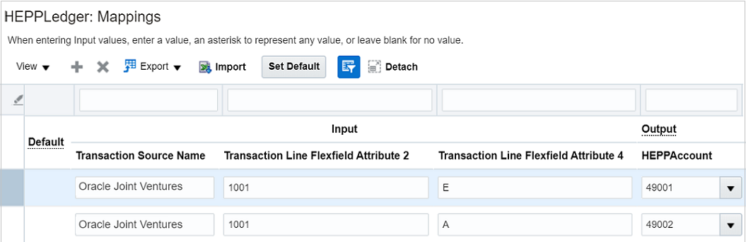 This image shows the Edit Mapping Set page with values entered in the Mappings section, the details of which are described in the surrounding text.