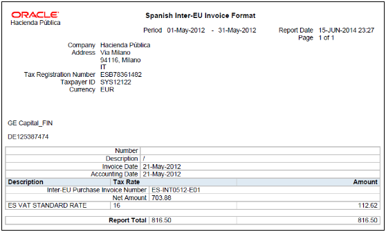 VAT Inter-EU Invoice Format for Spain