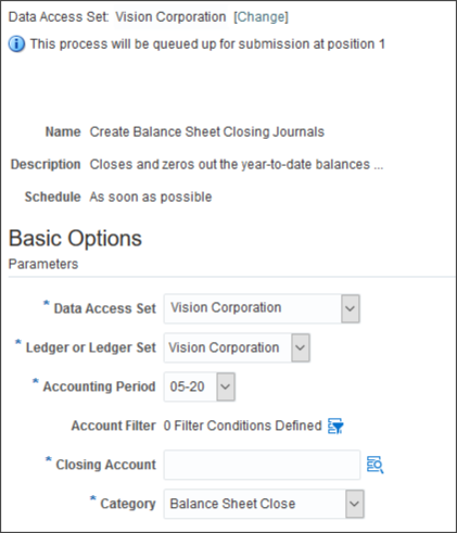 This image shows the process page for the Create Balance Sheet Closing Journals process, including the parameters.