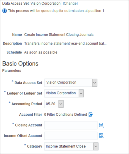 This image shows the page for the Create Income Statement Closing Journals process, including the parameters.