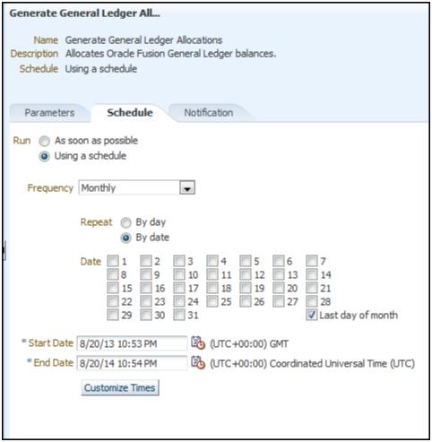 This figure shows the Schedule tab on the Generate General Ledger Allocations page.