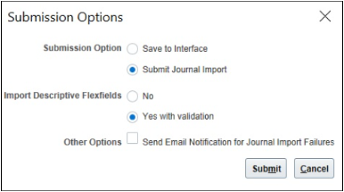 The Submission Options dialog box with these default selections: Submit Journal Import and Yes with validation. These options are hidden: Submit Import and Posting, Import Descriptive Flexfield Yes Without Validation, and Defer Account Validations to Journal Import.