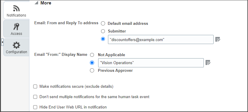 This figure shows the fields to enter the email sender's email ID and display name values.