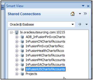 This figure shows the Smart View panel and the expanded Oracle Essbase server.