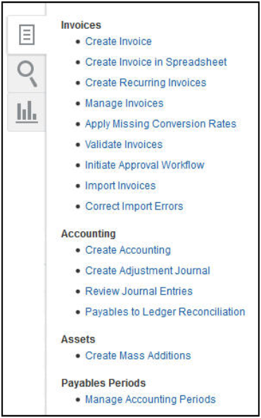 The screenshot shows the tasks in the Invoices work area accessed by the Tasks icon. These tasks are categorized by invoices, accounting, assets, and Payables periods.