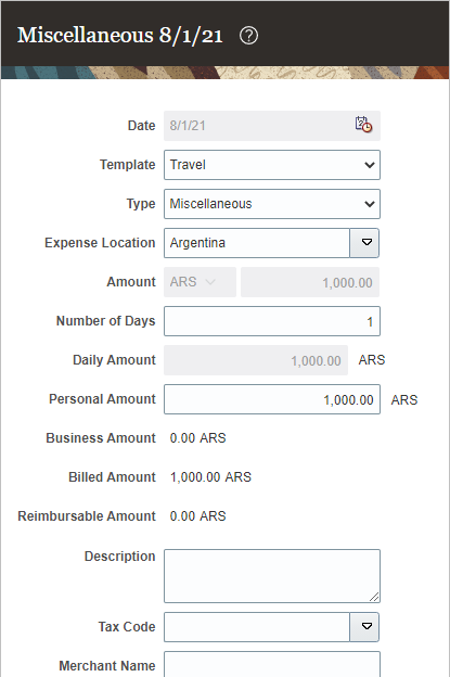 The Expenses work area displaying a transaction in ARS.
