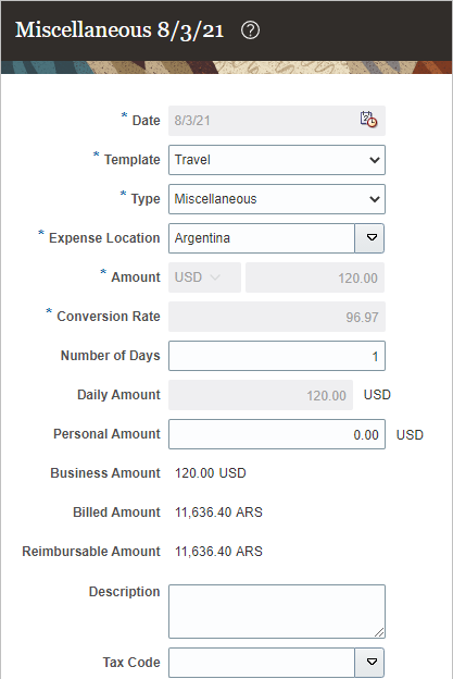 The Expenses work area displaying a transaction in USD.