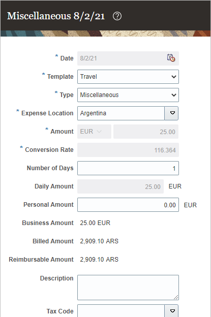 The Expenses work area displaying a transaction in EUR.