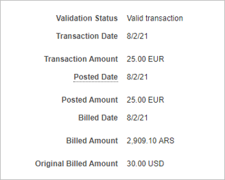 The image shows the Review Corporate Card Transactions page displaying a transaction in EUR converted to USD in the card feed file and converted to ARS by Expenses.