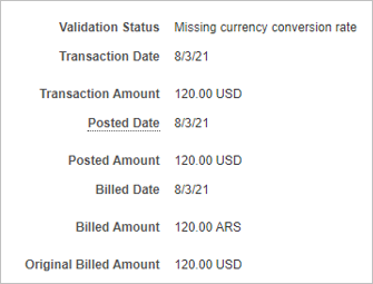 The image shows the Review Corporate Card Transactions page displaying a transaction when the conversion rates aren't available.