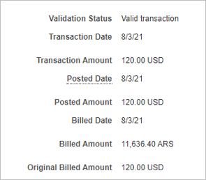 The image shows the Review Corporate Card Transactions page displaying a transaction in USD converted to ARS by Expenses.