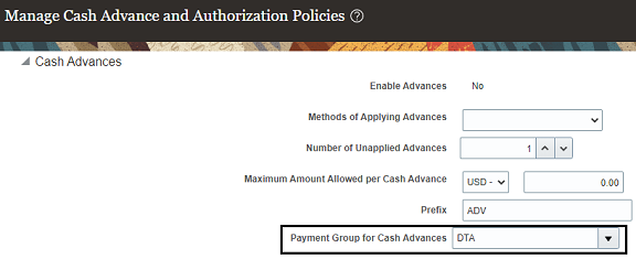 The image shows the Payment Group for Cash Advance option.
