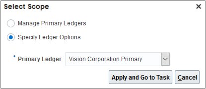 The scope selection dialog box for the primary ledger showing Manage Primary Ledger and Specify Ledger Options buttons and a Primary Ledger field.