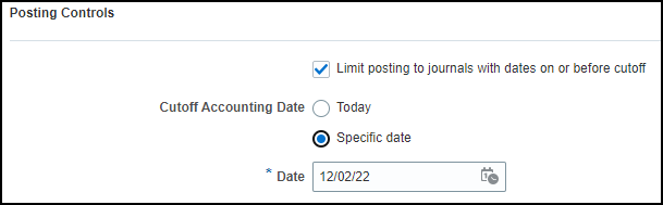 This image shows the Posting Controls subsection with Specific date as the cutoff accounting date and December 2, 2022 as the specified date.