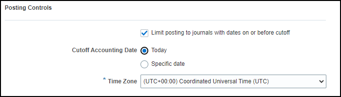 This image shows the Posting Controls subsection with Today as the cutoff accounting date and UTC as the time zone.