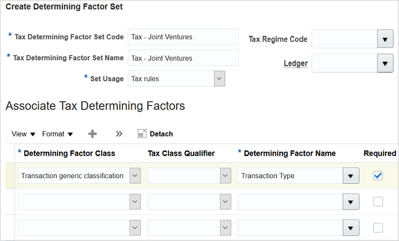 This image shows the Create Determining Factor Set page with the required information entered to create a determining factor set, the details of which are described in the surrounding text.