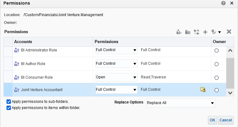 This image shows the Permissions dialog with Full Control selected for the Joint Venture Accountant user and the following check boxes selected for this user: Apply permissions to sub-folders; Apply permissions to items within folder.