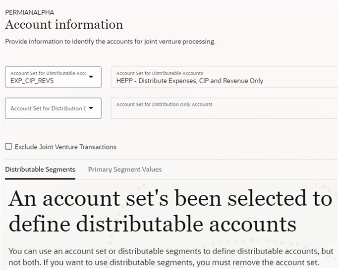 This image shows an example of a completed Account information page of a joint venture definition, with the pertinent values described in the surrounding text.