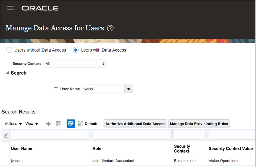 This images shows the Manage Data Access for Users page with an example of a record for granting data access security to a business unit for a user.
