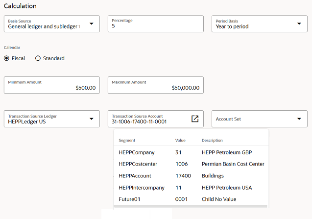 This image shows an example of the segments and their associated segment values and descriptions displayed for the account entered in the Transaction Source Account field.