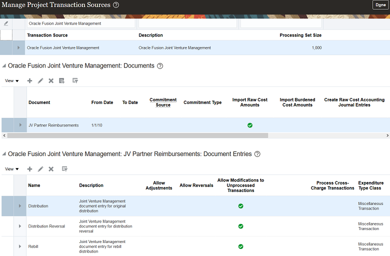 This image shows the Manage Project Transaction Sources page. The focus of the image is to show the three sections on the page that show the transaction source, document, and document entries that were created as described in the tasks. The first section displays the transaction source with a description and processing set size. The second section shows the document with a from date and a green checkmark in the Import Raw Cost Amounts column. The third section shows the document entries, their descriptions, a green checkmark in the Allow Modifications to Unprocessed Transactions column, and the text "Miscellaneous Transaction" in the Expenditure Type Class column.