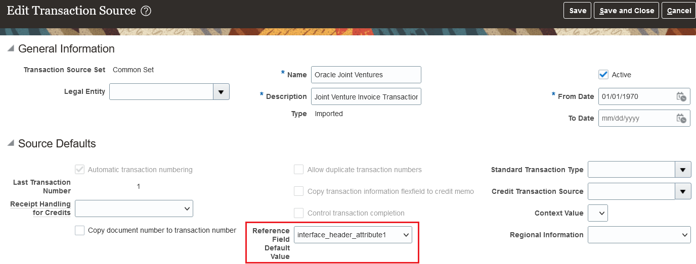 This image shows the Edit Transaction Source page for Oracle Joint Ventures transaction source. The Reference Field Default Value is populated with the value interface_header_attribute_1.
