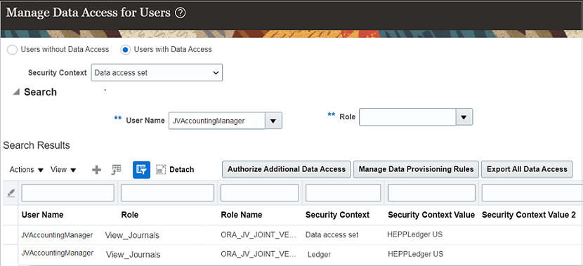 This image shows the Manage Data Access Set for Users page, the details of which are described in the surrounding text.
