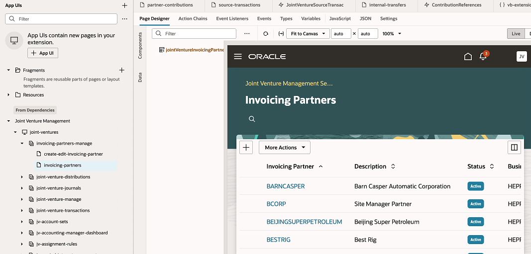 This image shows the workspace of the VB Studio project with the invoicing-partners page selected in the Apps UIs pane and the page's user interface displayed in the Page Designer.