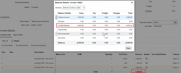 This image shows an example of the balance details for an invoice, the details of which are described in the surrounding text.