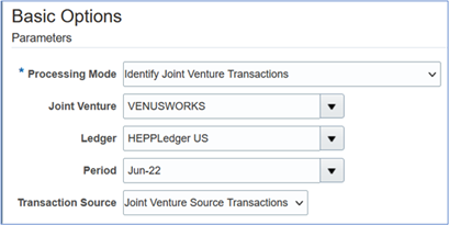 This image shows the Basic Options Parameters set up with the parameters to identify joint venture source transactions.