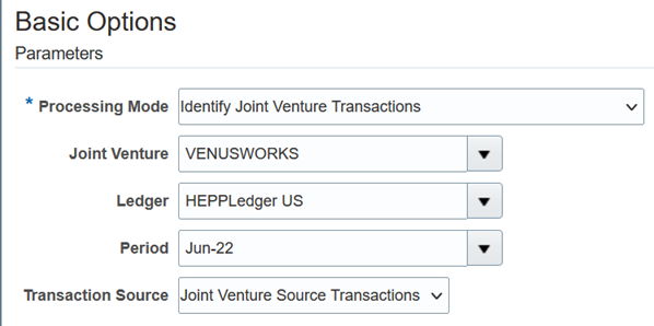 This image shows the Basic Options - Parameters section of the Identify Joint Venture Transactions process, which includes the following fields and their values: Joint Venture = VENUSWORKS; Ledger = blank; Period = blank; Transaction Source = Overhead.