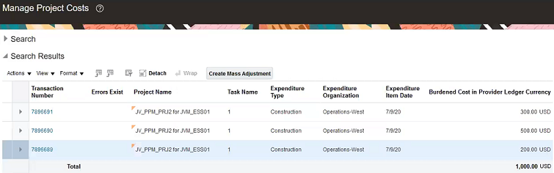 This image shows the Manage Project Costs page with three records.