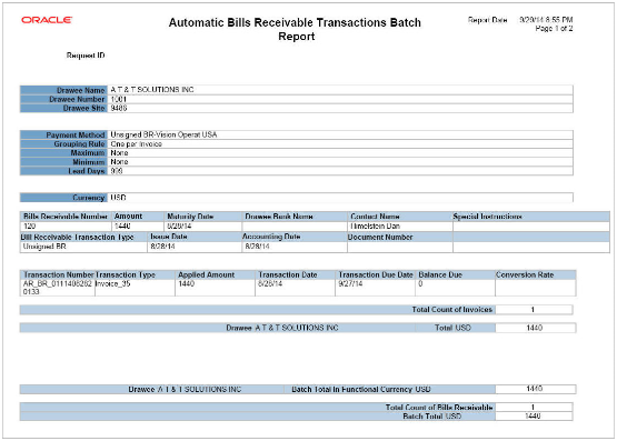 This image shows output from the Automatic Bills Receivable Transactions Batch Report.