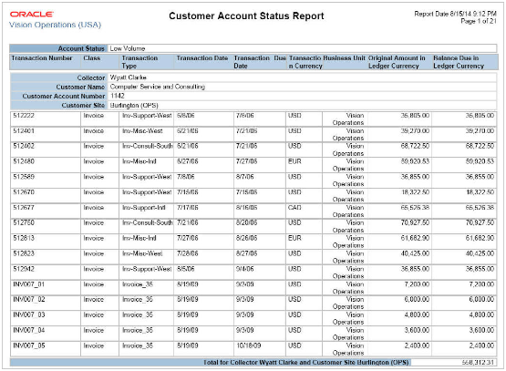 This image shows output from the Customer Account Status Report.