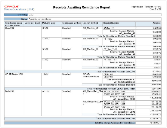 This image shows output from the Receipts Awaiting Remittance Report.