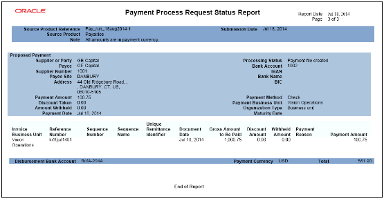 This figure is an example of the third page of a 3-page Payment Process Request Status report.