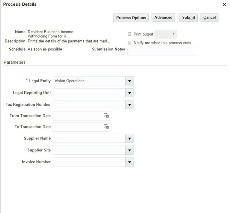 This image shows the Process Details page for Business General Income Withholding Form for Korea.