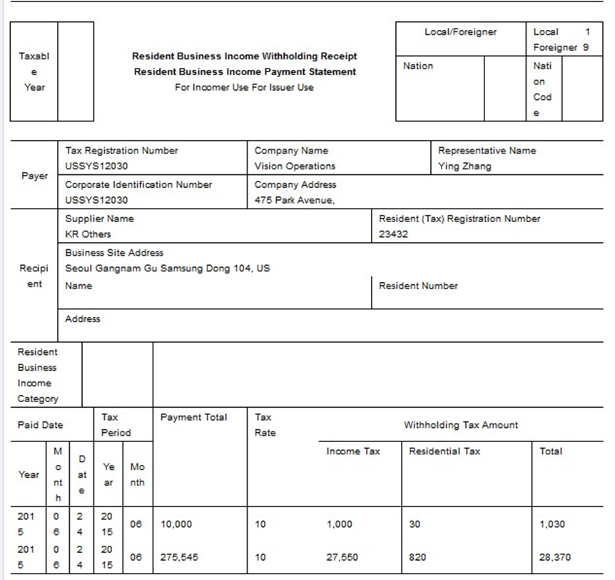 This image shows the Resident Business Income Withholding Receipt example 1.