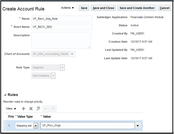 The image illustrates how to create an accounting rule for the intercompany segment for the receiver.