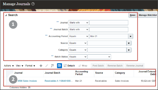 A partial image of the Manage Journals page showing the expanded Search section and example search results.